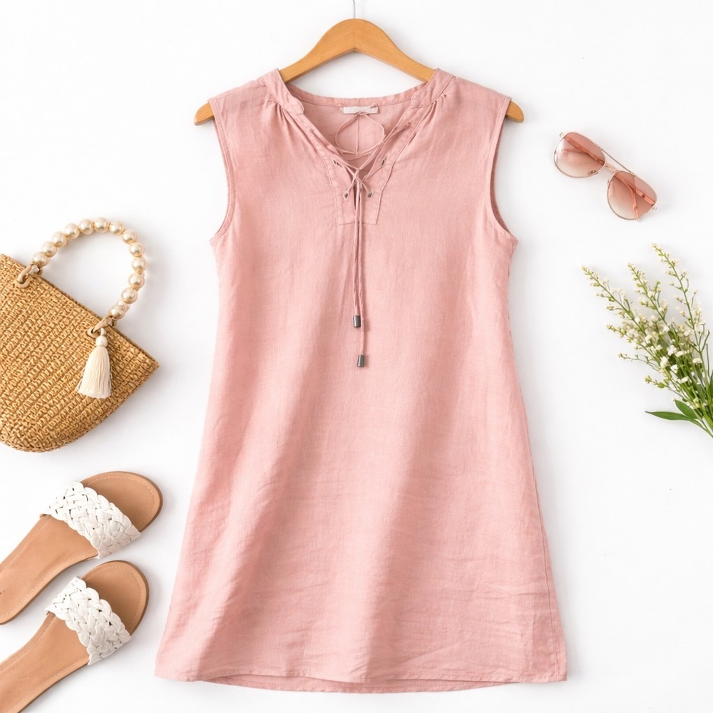 Coastal Minimalist Boho Linen Shift Dress - Blush Pink Sleeveless Large